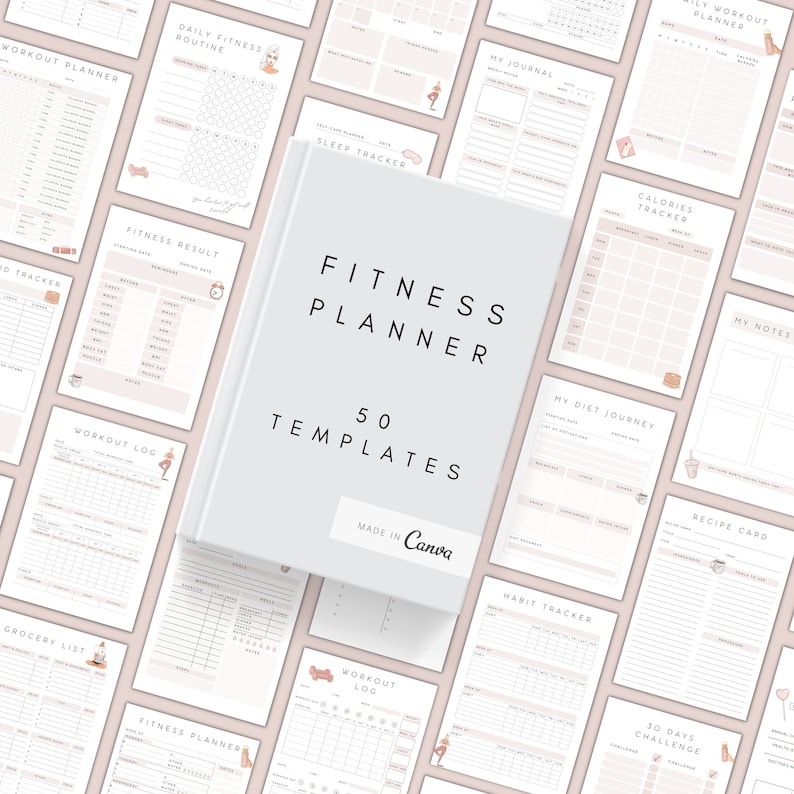 Puede incluir: Un conjunto de 50 plantillas de planificador de fitness imprimibles en un esquema de color rosa claro y blanco. Las plantillas incluyen un planificador de entrenamiento, una rutina diaria de fitness, un rastreador de sue&ntilde;o, un rastreador de calor&iacute;as, un rastreador de h&aacute;bitos, un registro de entrenamiento, una lista de compras y m&aacute;s. Las plantillas est&aacute;n dise&ntilde;adas para ayudarte a mantenerte en el camino correcto con tus objetivos de fitness.