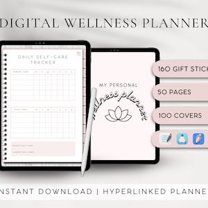 May include: A digital wellness planner with a pink and white color scheme. The planner includes a daily self-care tracker, 160 gift stickers, 50 pages, and 100 covers. The planner is available for instant download and is hyperlinked.