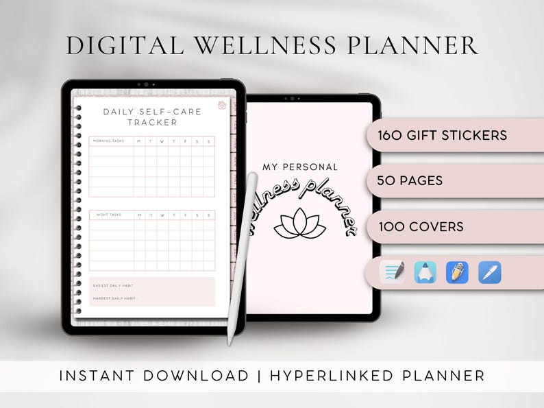 May include: A digital wellness planner with a pink and white color scheme. The planner includes a daily self-care tracker, 160 gift stickers, 50 pages, and 100 covers. The planner is available for instant download and is hyperlinked.