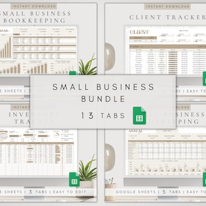 May include: A digital product bundle for small businesses, featuring 13 tabs in Google Sheets. The bundle includes templates for bookkeeping, client tracking, and inventory tracking. The image shows a computer screen displaying the templates, with a green icon representing Google Sheets.