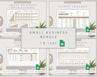 Puede incluir: Un paquete de productos digitales para pequeñas empresas, con 13 pestañas en Google Sheets. El paquete incluye plantillas para contabilidad, seguimiento de clientes y seguimiento de inventario. La imagen muestra una pantalla de computadora que muestra las plantillas, con un ícono verde que representa Google Sheets.