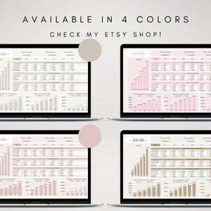 Op de afbeelding: Vier schermafbeeldingen van een computerscherm waarop een spreadsheet wordt weergegeven met een jaarlijkse financi&euml;le tracker. De spreadsheet is beschikbaar in vier kleurenschema's: beige, roze, beige en roze. De spreadsheet bevat secties voor totale inkomsten, totale uitgaven, totale winst, winstdoel en totale winst, ingezamelde en betaalde belasting, en inkomsten, uitgaven en winst. De tekst op de spreadsheet luidt "YEAR" en "Profit".