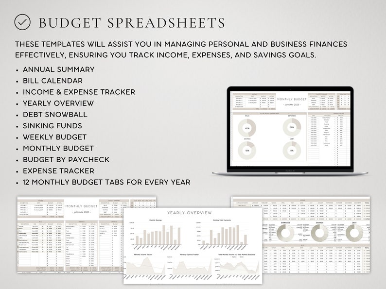 May include: A laptop displays a monthly budget spreadsheet with charts and tables. Additional budget templates are shown below, including yearly overviews and expense trackers. Text at the top reads "Budget Spreadsheets."
