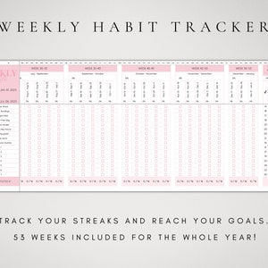 Puede incluir: Una hoja de c&aacute;lculo digital para el seguimiento de h&aacute;bitos semanales con un esquema de colores rosa y blanco. El dise&ntilde;o incluye columnas para nombres de h&aacute;bitos, progreso semanal y metas anuales. El texto incluye WEEKLY HABIT TRACKER.