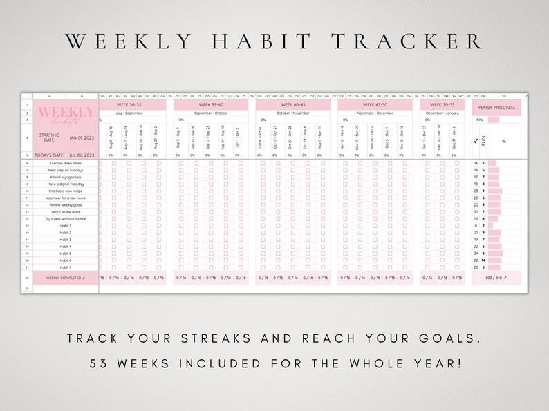 Puede incluir: Una hoja de c&aacute;lculo digital para el seguimiento de h&aacute;bitos semanales con un esquema de colores rosa y blanco. El dise&ntilde;o incluye columnas para nombres de h&aacute;bitos, progreso semanal y metas anuales. El texto incluye WEEKLY HABIT TRACKER.