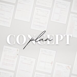May include: A collection of printable self-care planner pages with the word "CONCEPT plan" in white text on a gray background.