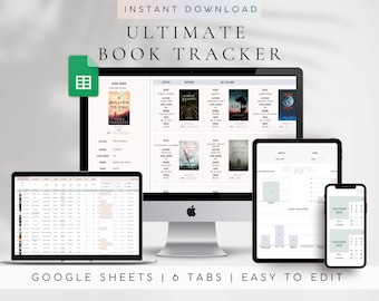 Può includere: Un'illustrazione digitale di un foglio di calcolo di Google Sheets con sei schede per tenere traccia dei libri. Le schede sono etichettate come "Iniziato", "In lettura", "Prossimo", "Raccomandazioni di libri", "Calendario di lettura" e "Giorni del calendario". Il foglio di calcolo include colonne per il nome del libro, l'autore, il genere, lo stato e la data di inizio. L'immagine mostra anche un laptop, un tablet e uno smartphone che mostrano il foglio di calcolo.
