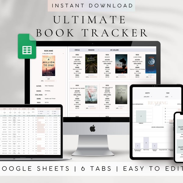 Verfolge deinen Lesefortschritt | Digital Reading Tracker Tabelle für Google Sheets | Buch Tracker Tabelle Vorlage | Lese Ziele 2024