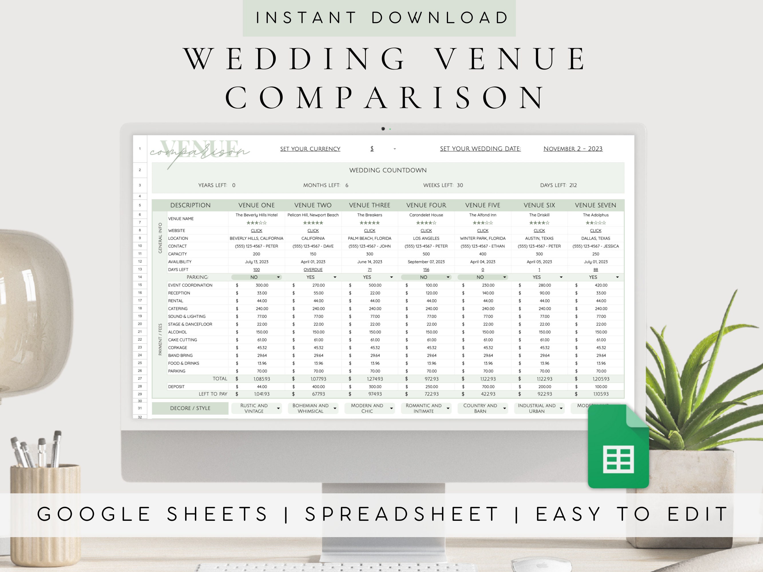Hochzeitsort-Vergleich Digitaler Download-Spreadsheet | Einfaches ästhetisches Hochzeitsplaner-Dashboard zum Veranstaltungsortvergleich