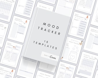May include: A collection of 15 printable mood tracker templates in a minimalist style. The templates feature a variety of designs, including a jar with a heart, a bathtub, and a calendar. The text "MOOD TRACKER 15 TEMPLATES MADE IN Canva" is displayed on a gray background.