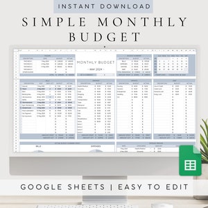 May include: A computer screen displaying a Google Sheets spreadsheet with a monthly budget template. The spreadsheet is titled "Monthly Budget - May 2024" and includes sections for income, bills, expenses, debt, and savings. The spreadsheet is designed to help users track their finances and create a budget.
