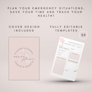 May include: A printable medical planner and journal with a pink and white colour scheme. The cover features a stylised illustration of a thermometer and a bottle of pills. The text on the cover reads "Planner & Journal Medical Planner". The image also shows a sample page from the planner, titled "Emergency Hospital Visit", with fields for date, time, department, doctor, nurse, tests and results, medication issued, and notes.