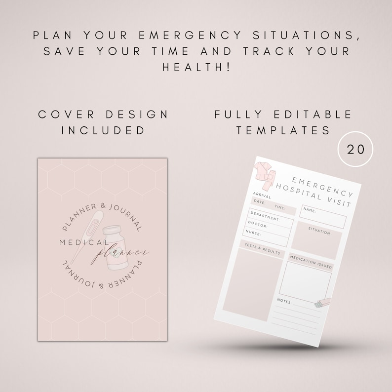 May include: A printable medical planner and journal with a pink and white colour scheme. The cover features a stylised illustration of a thermometer and a bottle of pills. The text on the cover reads "Planner & Journal Medical Planner". The image also shows a sample page from the planner, titled "Emergency Hospital Visit", with fields for date, time, department, doctor, nurse, tests and results, medication issued, and notes.