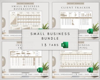 May include: A collage of four images showcasing an Excel spreadsheet bundle for small businesses. The bundle includes 13 tabs, including "Small Business Bookkeeping", "Client Tracker", "Inventory Tracking", and "Annual". Each tab is labeled with "Excel Spreadsheet", the number of tabs, and "Easy to Edit".