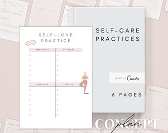 Puede incluir: Un planificador de autocuidado con una cubierta azul claro y el título "SELF-CARE PRACTICES". El planificador incluye una página de "SELF-LOVE PRACTICE" con secciones para actividades emocionales, físicas, espirituales y sociales. La imagen también muestra otras páginas del planificador.