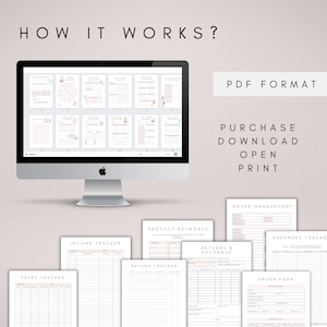 May include: A computer screen displaying a set of printable PDF forms for managing a small business. The forms include sales, income, expenses, returns and exchanges, product keywords, and order management.