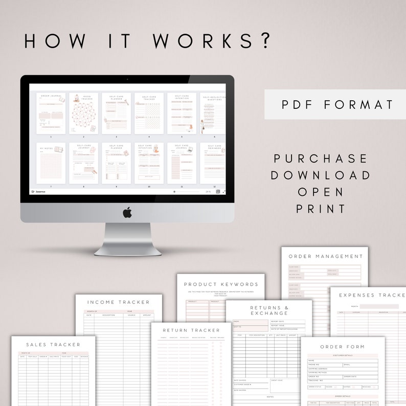 May include: A computer screen displaying a set of printable PDF forms for managing a small business. The forms include sales, income, expenses, returns and exchanges, product keywords, and order management.