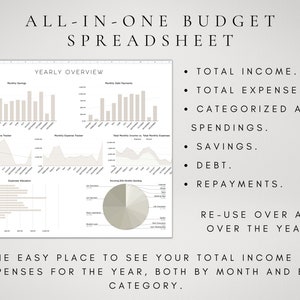 May include: A spreadsheet template with the title "ALL-IN-ONE BUDGET SPREADSHEET". The template includes graphs and charts to track income, expenses, savings, debt, and repayments. The text "ONE EASY PLACE TO SEE YOUR TOTAL INCOME & EXPENSES FOR THE YEAR, BOTH BY MONTH AND BY CATEGORY." is at the bottom of the image.