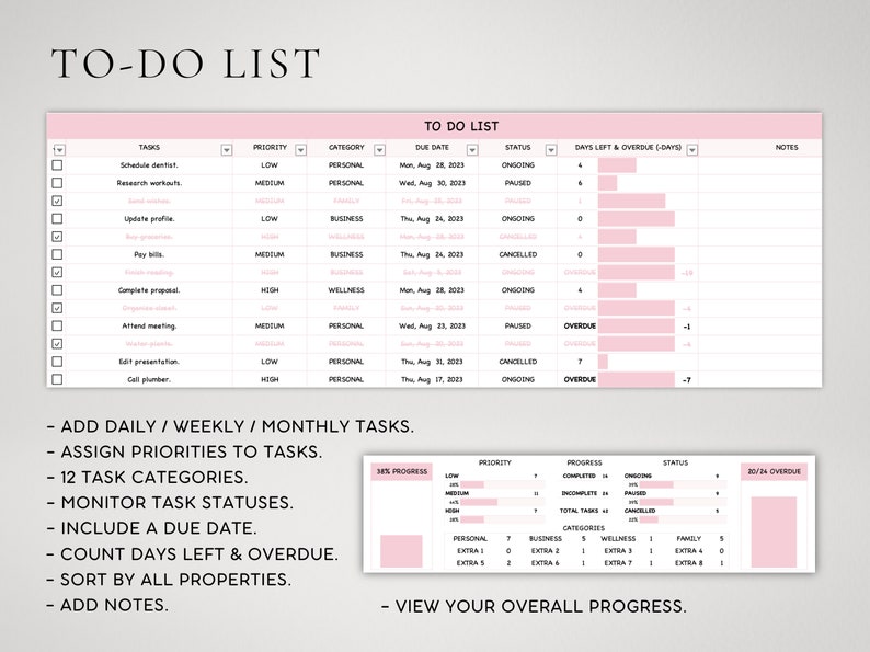 Task Tracker Template, Planner Spreadsheet Monthly to Do List, Digital ...