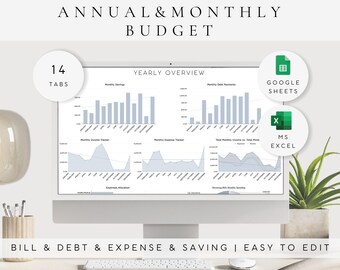 May include: A computer screen displaying a budget spreadsheet with 14 tabs. The spreadsheet includes graphs and charts for tracking monthly income, expenses, savings, and debt payments. The spreadsheet is available in both Google Sheets and Microsoft Excel formats.
