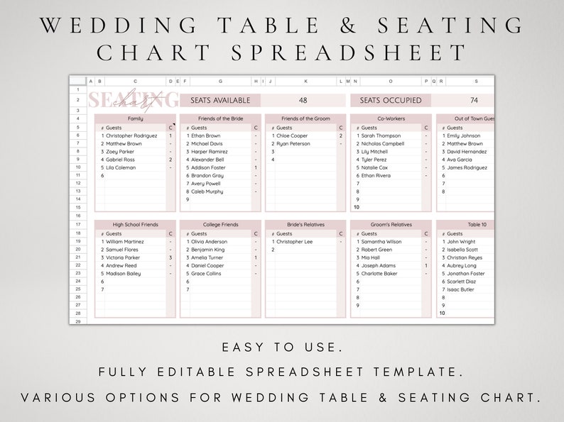 Wedding Seating Chart Template Digital Wedding Table Numbers List Wedding Guest Planning Spreadsheet Seating Chart for Wedding Planning image 2