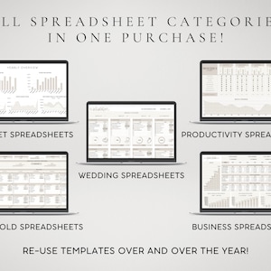 May include: Image of five laptops displaying spreadsheet templates. Categories include budget, wedding, productivity, household, and business spreadsheets. Text reads "ALL SPREADSHEET CATEGORIES IN ONE PURCHASE!" and "RE-USE TEMPLATES OVER AND OVER THE YEAR!"