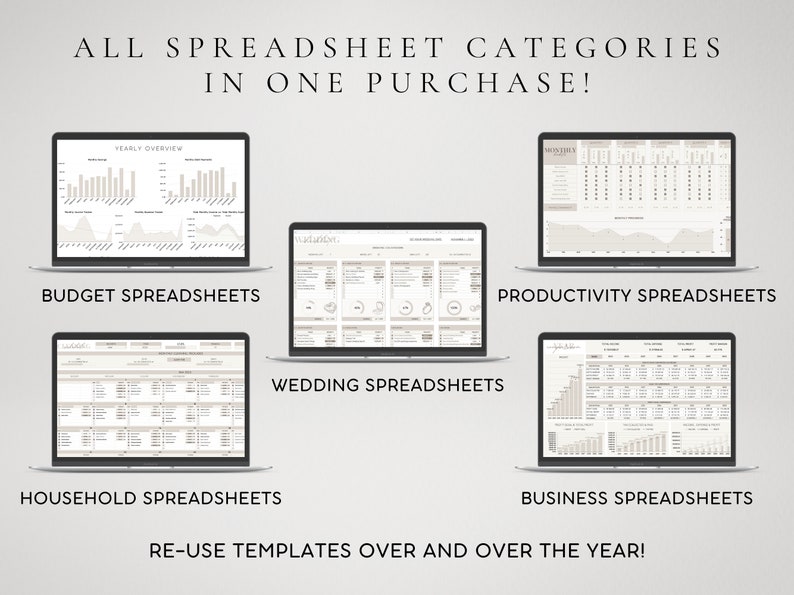 May include: Image of five laptops displaying spreadsheet templates. Categories include budget, wedding, productivity, household, and business spreadsheets. Text reads "ALL SPREADSHEET CATEGORIES IN ONE PURCHASE!" and "RE-USE TEMPLATES OVER AND OVER THE YEAR!"
