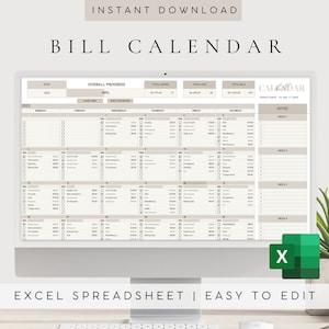 Bill Tracker Excel | Bills Calendar Monthly Budget Spreadsheet | Bills Payment Checklist | Excel Bill Calendar | Monthly Bill Tracker Excel