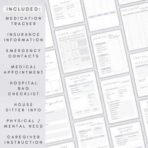 K&ouml;nnte beinhalten: Ein druckbarer Checklisten- und Tracker zur Organisation von medizinischen Informationen, einschlie&szlig;lich Medikamenten, Versicherung, Notfallkontakten, Arztterminen, Krankenhaus-Taschen-Checkliste, Informationen f&uuml;r den Haus-Sitter, k&ouml;rperlichen und geistigen Bed&uuml;rfnissen, Anweisungen f&uuml;r Pflegekr&auml;fte und Erste Hilfe. Die Seiten sind mit einem hellgrauen Hintergrund und schwarzem Text gestaltet.