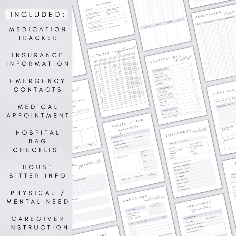 K&ouml;nnte beinhalten: Ein druckbarer Checklisten- und Tracker zur Organisation von medizinischen Informationen, einschlie&szlig;lich Medikamenten, Versicherung, Notfallkontakten, Arztterminen, Krankenhaus-Taschen-Checkliste, Informationen f&uuml;r den Haus-Sitter, k&ouml;rperlichen und geistigen Bed&uuml;rfnissen, Anweisungen f&uuml;r Pflegekr&auml;fte und Erste Hilfe. Die Seiten sind mit einem hellgrauen Hintergrund und schwarzem Text gestaltet.
