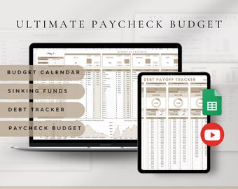 May include: A digital illustration of a laptop screen displaying a Google Sheets spreadsheet with four tabs labeled "Budget Calendar", "Sinking Funds", "Debt Tracker", and "Paycheck Budget". The spreadsheet is designed to help users track their finances. A tablet screen displays a debt payoff tracker with three sections labeled "Mortgage", "Auto Loan", and "Student Loan". The image includes the text "Ultimate Paycheck Budget", "Google Sheets | 4 Tabs | Easy to Edit", and "Instant Download".