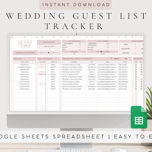 Wedding Guest Spreadsheet | Wedding Guests Tracker | RSVP Tracker Guest List | Wedding Guest Planning Google Sheet | Digital Wedding RSVP