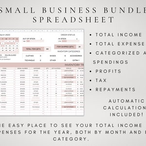 May include: A pink and white spreadsheet template for small business owners. The spreadsheet includes sections for tracking inventory, orders, income, expenses, and profits. The text "SMALL BUSINESS BUNDLE SPREADSHEET" is at the top of the page. The text "ONE EASY PLACE TO SEE YOUR TOTAL INCOME & EXPENSES FOR THE YEAR, BOTH BY MONTH AND BY CATEGORY." is at the bottom of the page.