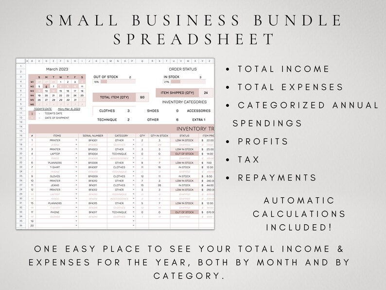 May include: A pink and white spreadsheet template for small business owners. The spreadsheet includes sections for tracking inventory, orders, income, expenses, and profits. The text "SMALL BUSINESS BUNDLE SPREADSHEET" is at the top of the page. The text "ONE EASY PLACE TO SEE YOUR TOTAL INCOME & EXPENSES FOR THE YEAR, BOTH BY MONTH AND BY CATEGORY." is at the bottom of the page.