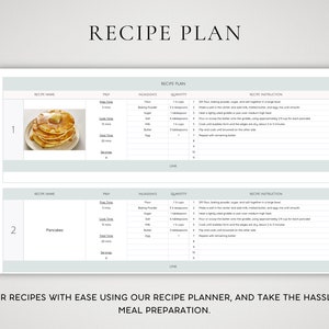 May include: A printable recipe planner with a light blue background and a gray grid. The planner has sections for recipe name, prep time, cook time, total time, servings, ingredients, quantity, and recipe instructions. The planner includes a picture of a stack of pancakes with butter and syrup.
