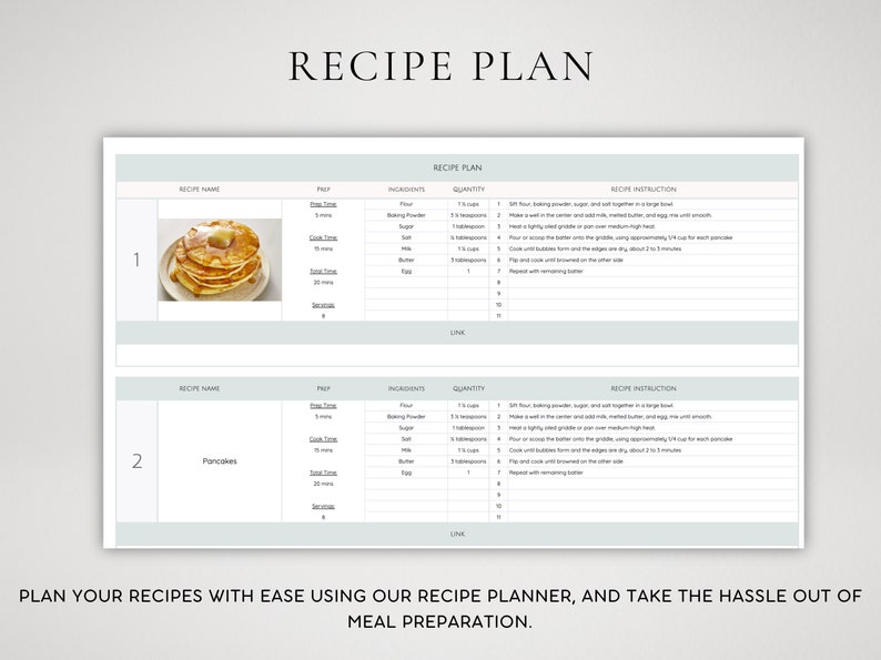May include: A printable recipe planner with a light blue background and a gray grid. The planner has sections for recipe name, prep time, cook time, total time, servings, ingredients, quantity, and recipe instructions. The planner includes a picture of a stack of pancakes with butter and syrup.