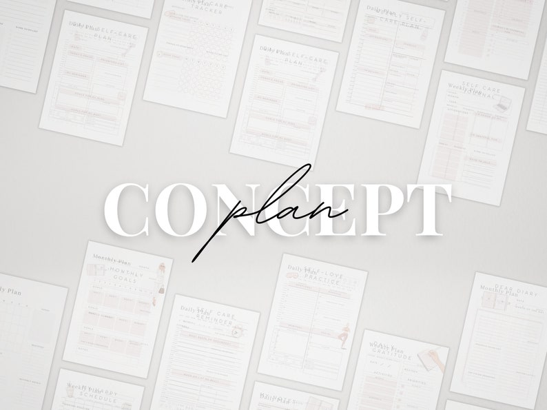 K&ouml;nnte beinhalten: Eine Sammlung von druckbaren Selbstpflege-Planerseiten mit dem Wort "CONCEPT plan" in wei&szlig;en Buchstaben auf grauem Hintergrund.