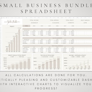 May include: A spreadsheet template for small businesses to track income, expenses, and profit. The spreadsheet includes charts to visualize profit goals, tax collected and paid, and income, expense, and profit over time. The spreadsheet is aesthetically pleasing and customizable.
