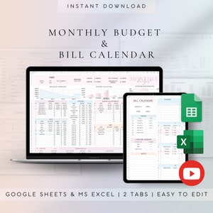 Monthly Budget Planner | Personal Budget Planner | Financial Planner | Bill Calendar | Google Sheets | Excel | Income Expense Tracker | Debt