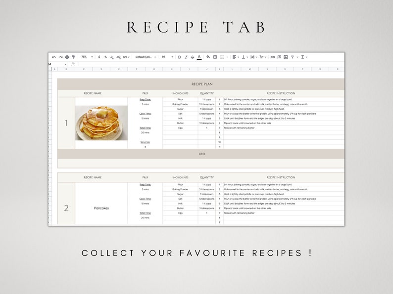 May include: A spreadsheet with a recipe plan for pancakes. The spreadsheet includes columns for recipe name, prep time, ingredients, quantity, and recipe instructions. The image shows a photo of pancakes in the first row.