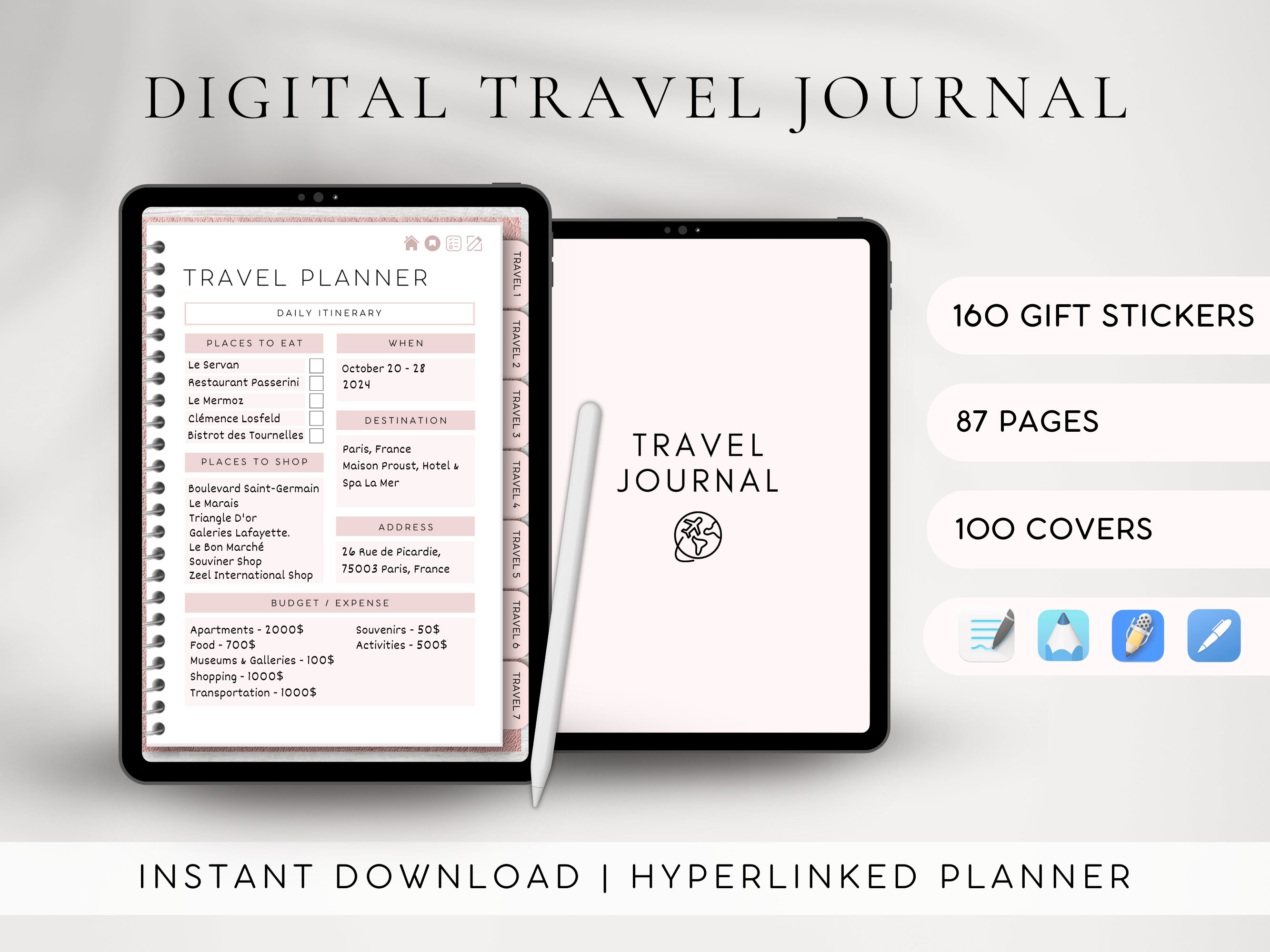 Digital Travel Journal Template | Travel Planner for GoodNotes | Travel Itinerary Bundle | Vacation Budget Planner | Notability Travel Diary