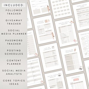May include: A set of printable social media planner pages in a beige and brown colour scheme. The pages include sections for follower tracking, giveaway tracking, social media planning, password tracking, posting schedules, content planning, social media analytics, and core topic ideas.