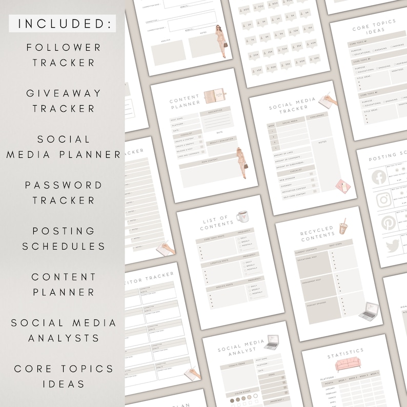 May include: A set of printable social media planner pages in a beige and brown colour scheme. The pages include sections for follower tracking, giveaway tracking, social media planning, password tracking, posting schedules, content planning, social media analytics, and core topic ideas.