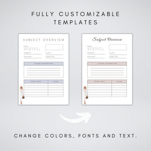 May include: Two printable subject overview templates with a simple design. Each template has a section for date, subject, teacher, class, semester, course information, exam topic, and dates. The templates feature a stylized illustration of a woman in a white suit.