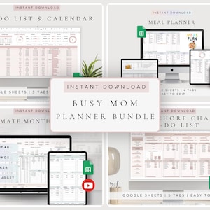 May include: A digital Busy Mom Planner Bundle featuring multiple Google Sheets templates for meal planning, chore charts, to-do lists, and monthly budgets. The interface displays pink and white color schemes with organized tabs and data tables.