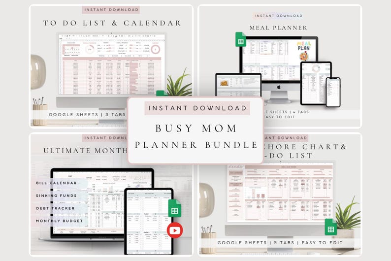 May include: A digital Busy Mom Planner Bundle featuring multiple Google Sheets templates for meal planning, chore charts, to-do lists, and monthly budgets. The interface displays pink and white colour schemes with organised tabs and data tables.