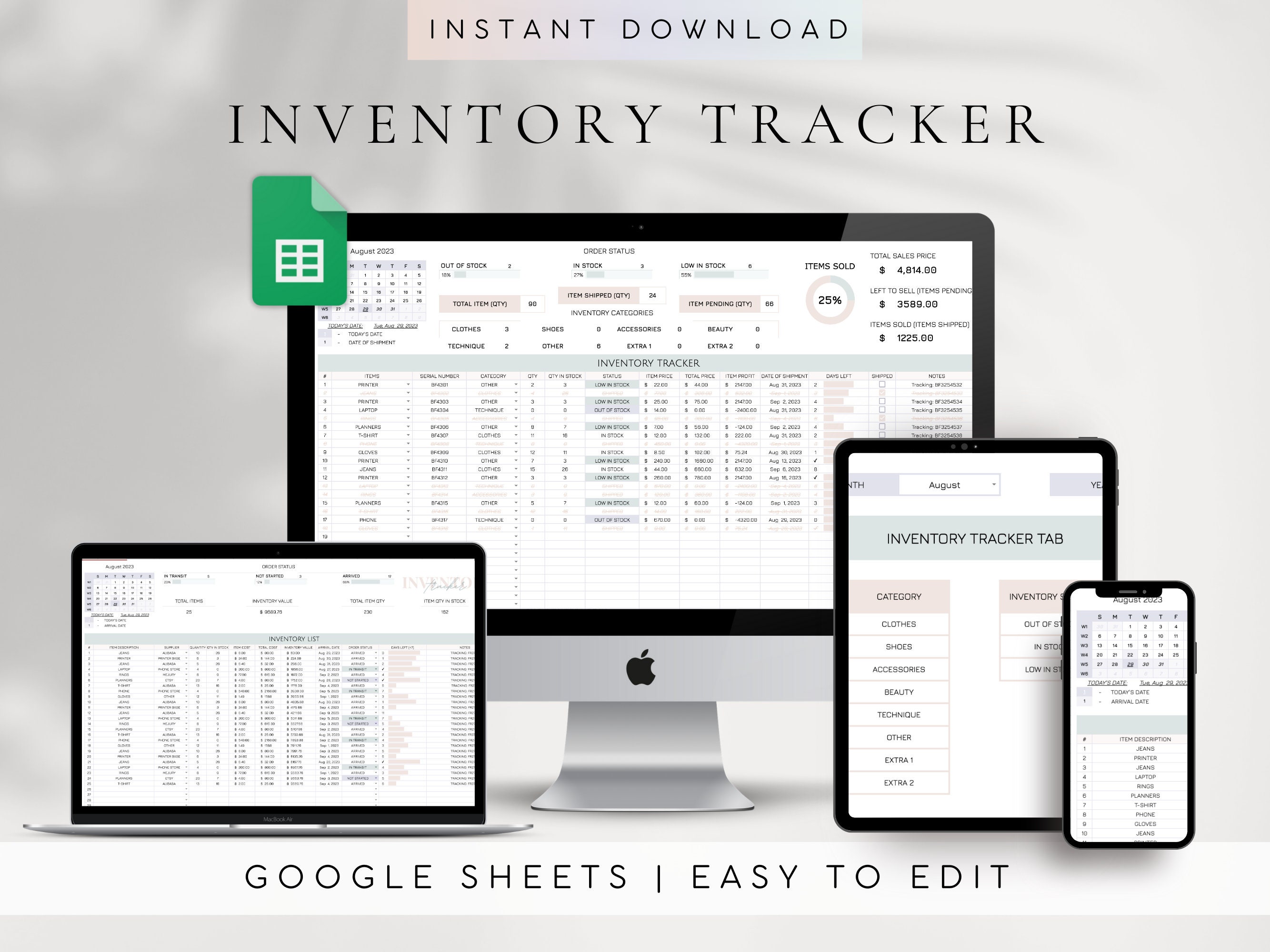 Inventory Template for Small Business | Inventory Tracker Spreadsheet Template Google Sheets | Inventory List  | Inventory Log List | Order