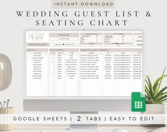 Wedding Seating Chart Guest List Template, Google Sheets RSVP, Table Number Display Planner