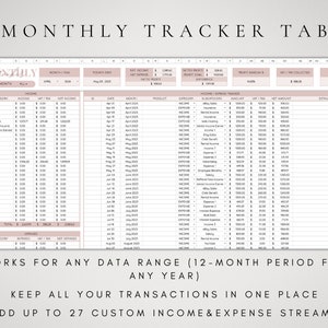 Op de afbeelding: Een printbare maandelijkse budgettracker-spreadsheet met tabbladen voor inkomsten en uitgaven. De spreadsheet bevat kolommen voor datum, categorie, subcategorie, bedrag en nettobedrag. De spreadsheet is ontworpen om gebruikers te helpen hun inkomsten en uitgaven bij te houden en een budget te maken.