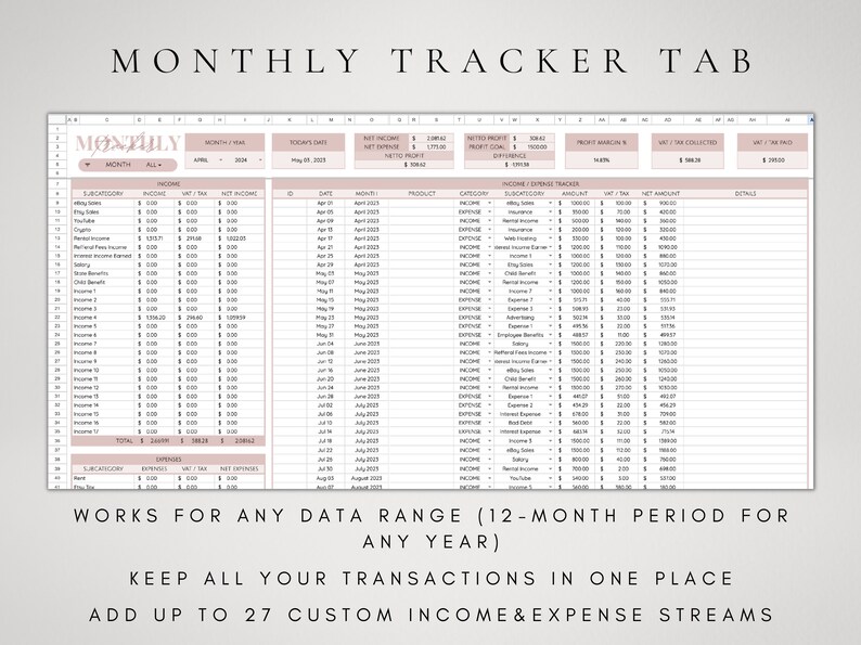 Op de afbeelding: Een printbare maandelijkse budgettracker-spreadsheet met tabbladen voor inkomsten en uitgaven. De spreadsheet bevat kolommen voor datum, categorie, subcategorie, bedrag en nettobedrag. De spreadsheet is ontworpen om gebruikers te helpen hun inkomsten en uitgaven bij te houden en een budget te maken.